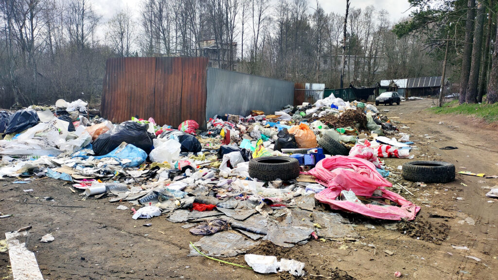 Груда бытового мусора и шин на несанкционированной свалке у дороги