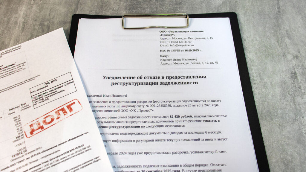 Уведомление об отказе в реструктуризации задолженности по ЖКХ и квитанция с отметкой «ДОЛГ»