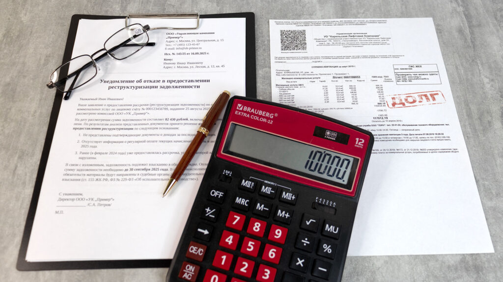 Калькулятор, квитанции с долгом и заявление об отказе в реструктуризации долга по ЖКХ