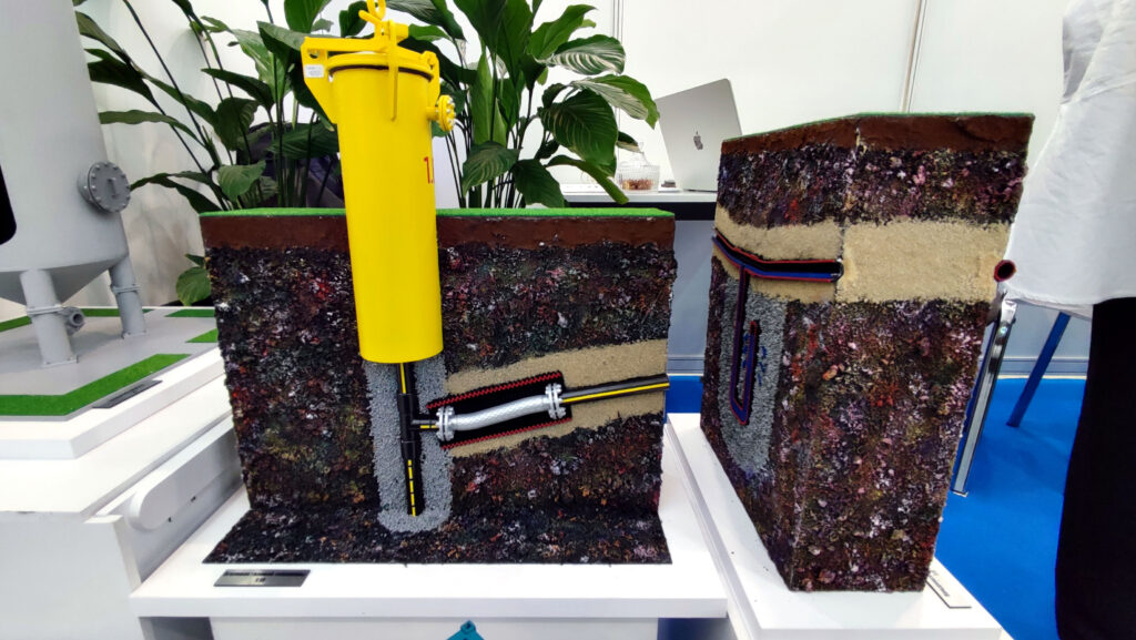 Макет устройства газовой скважины с трубопроводом в разрезе почвы