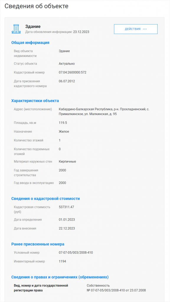 Сведения из Росреестра о частном доме.