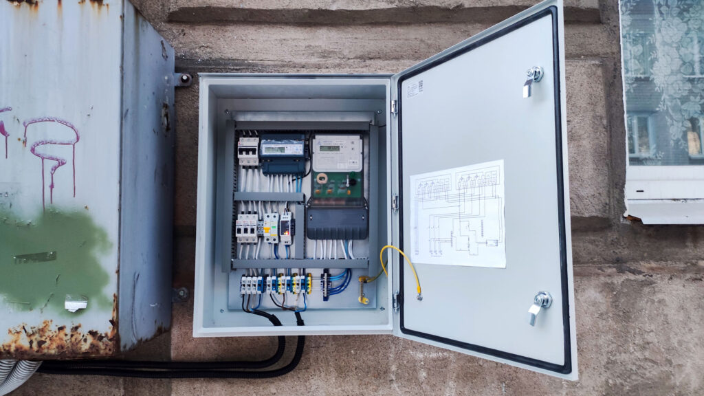 Наружный электрический щит с учётом электроэнергии на фасаде здания