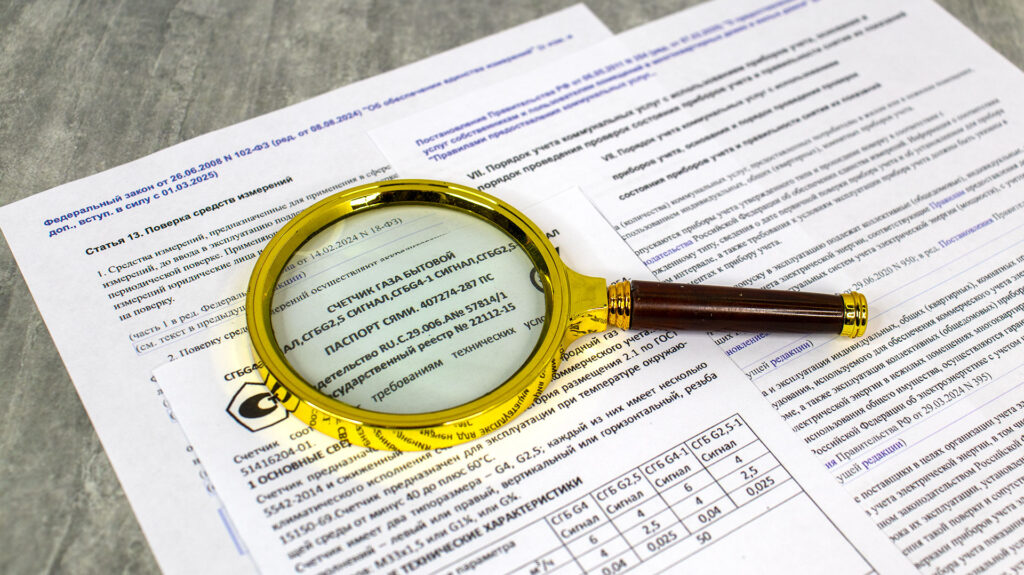 Распечатка закона и паспорта прибора учёта газа с лупой