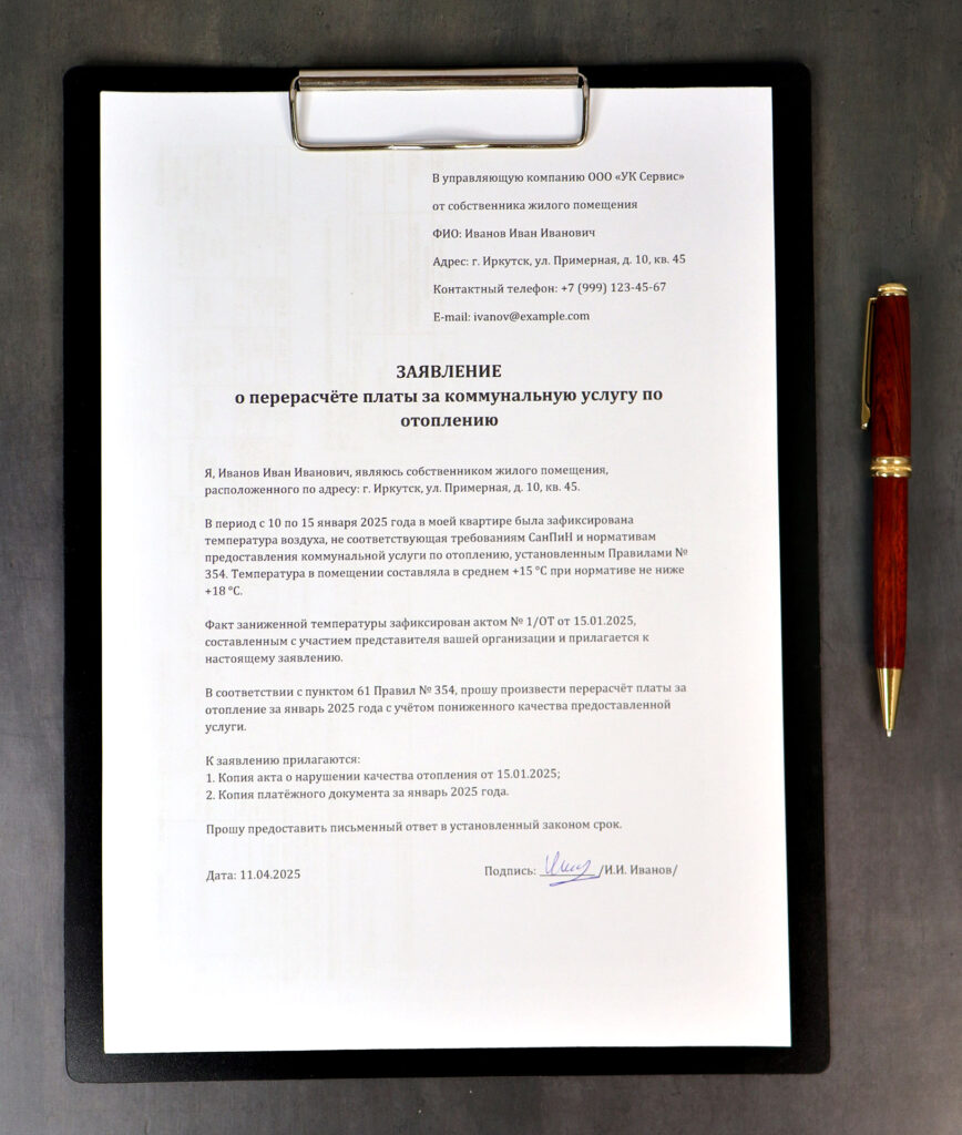 Заполненное заявление о перерасчёте платы за отопление из-за нарушения температуры.