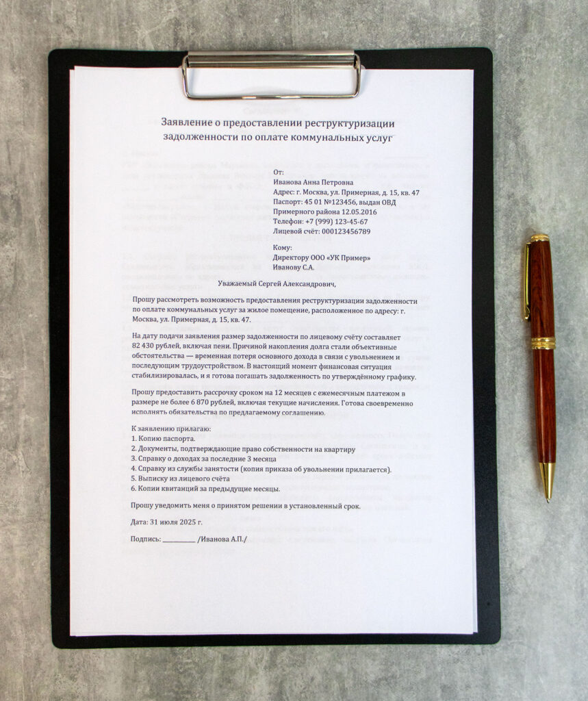 Заявление на реструктуризацию задолженности по оплате коммунальных услуг на бланке