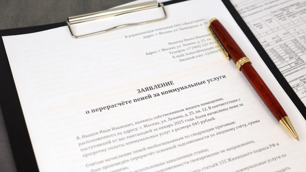 Заявление на перерасчёт пеней за коммунальные услуги и квитанция